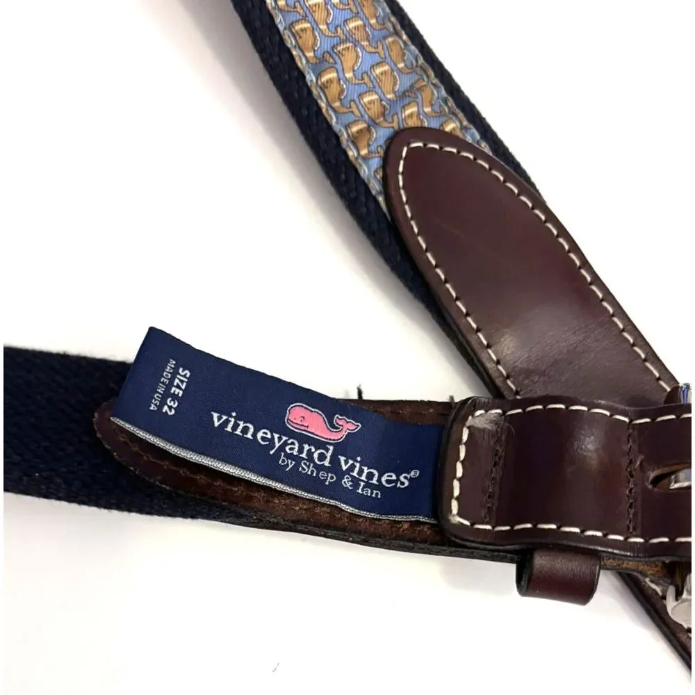 Vineyard Vines Whale Canvas Leather Belt Size 32 Navy Blue Brown Preppy